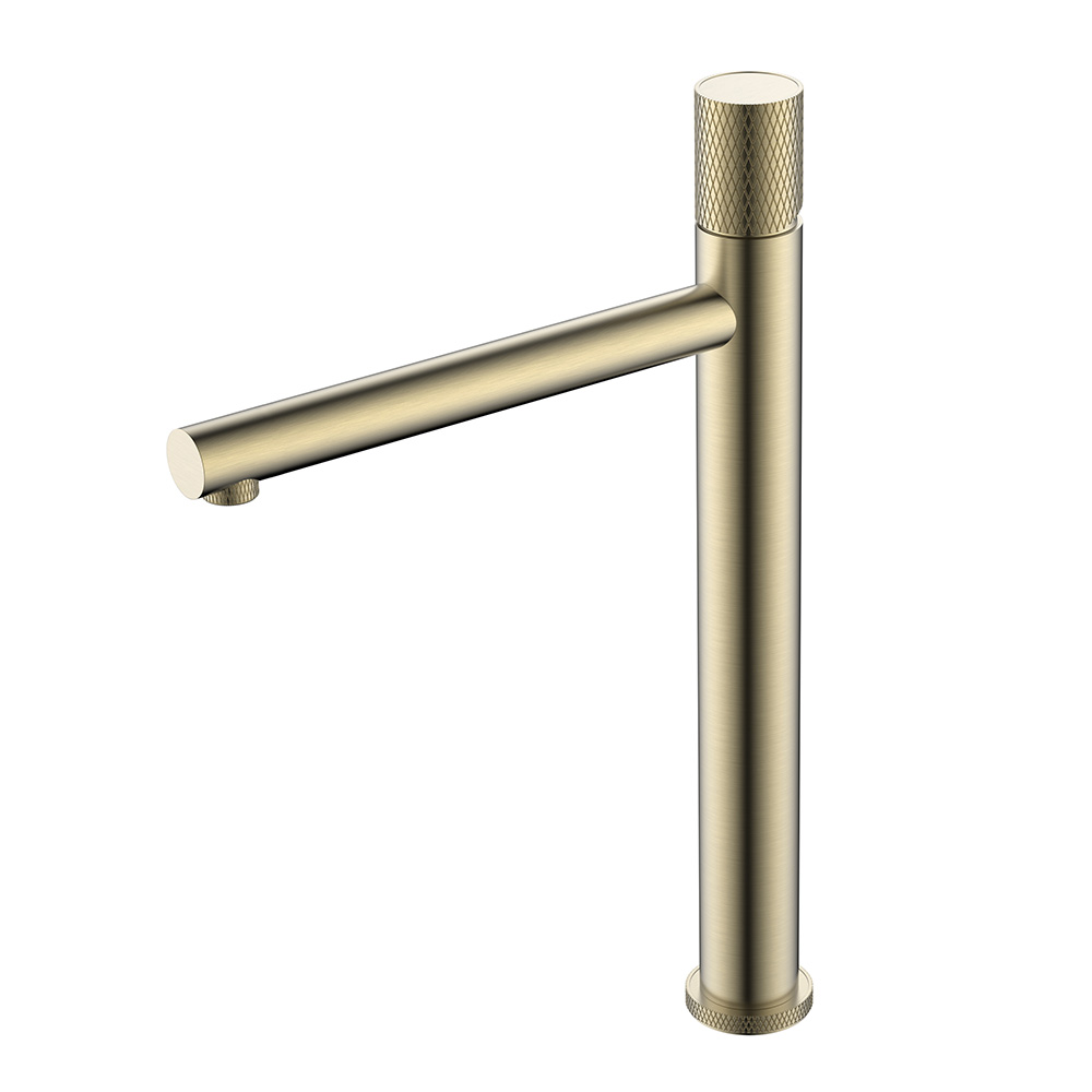 Gebürstetes goldenes Wasserhahn mit hohem Waschbecken mit Knurlinggriff